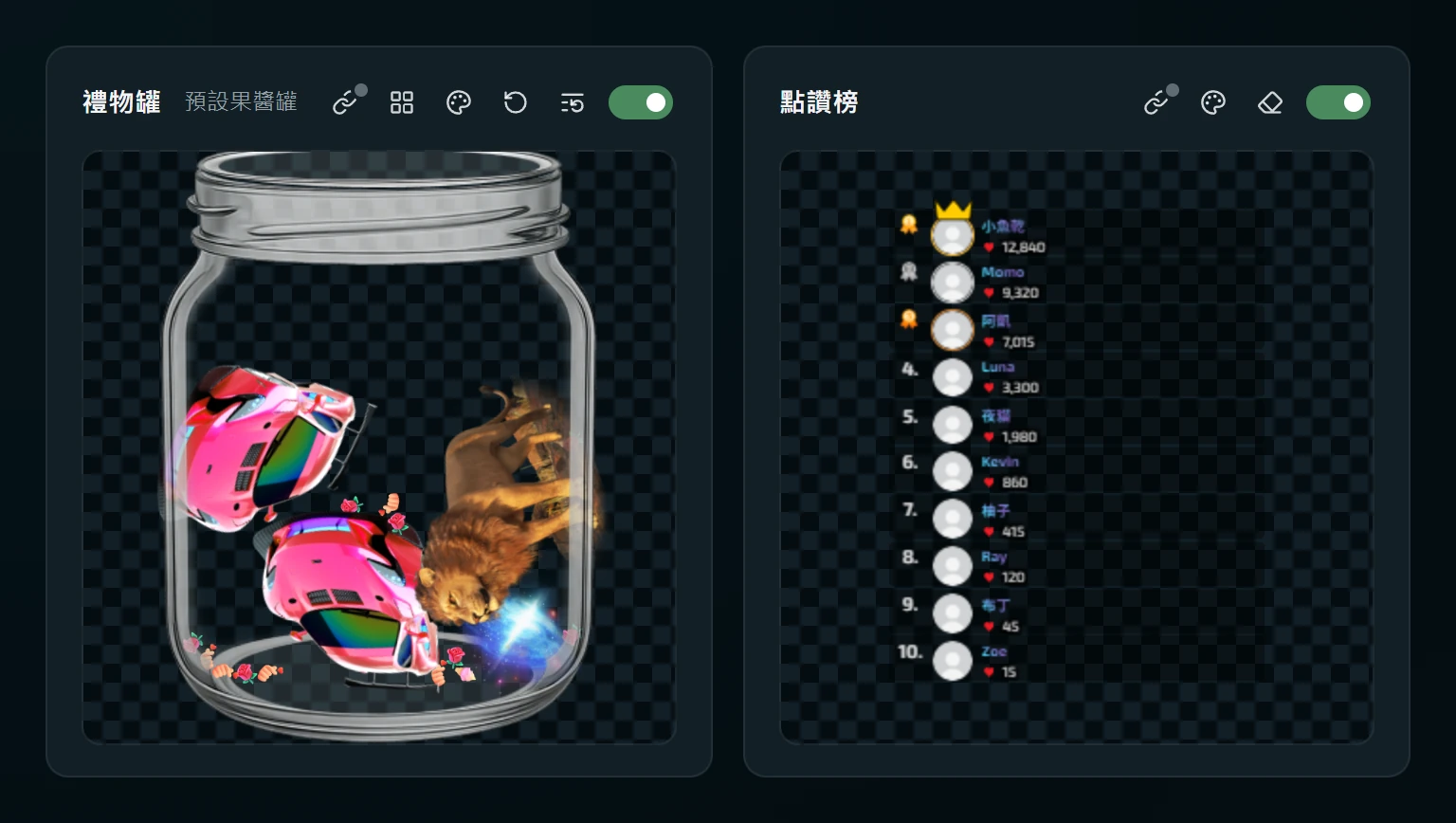 QiGo 點讚榜，列出按讚最多的十位觀眾